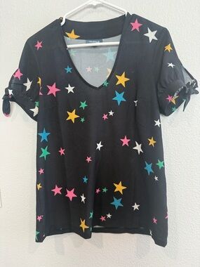 ModCloth Black Star Multicolor Print Tie Sleeve Blouse V-neck  Celestial Small